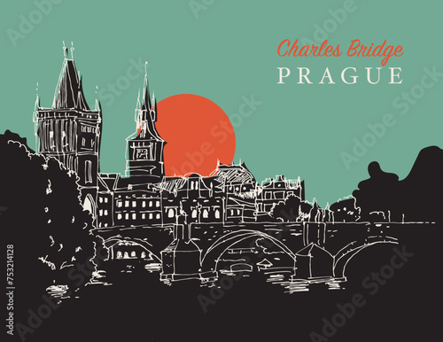 Drawing sketch illustration of the Charles Bridge in Prague, Czechia
