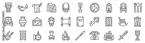 Set of 30 outline icons related to antiques.Linear icon collection. Editable stroke. Vector illustration