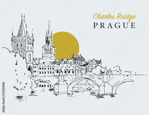 Drawing sketch illustration of the Charles Bridge in Prague, Czechia