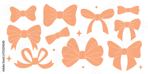 Set of various peach fuzz bow knots, gift ribbons. Trendy hair braiding accessory.