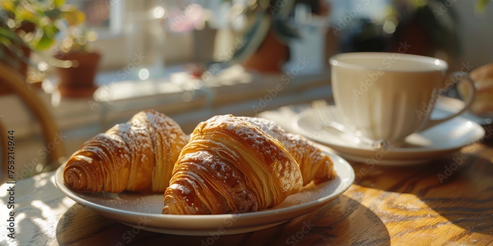 Two Croissants on Wooden Table Two Croissants on Wooden Table