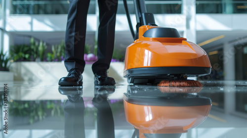 Close-Up of Floor Cleaning Machine Operated in Commercial Building