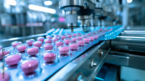Pharmaceutical Production Line with Pink Pills in Blister Packs