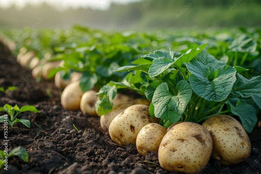 Fresh potatoes with green leaves growing in the soil at golden hour, showing sustainable farming practices Fresh potatoes with green leaves growing in the soil at golden hour, showing sustainable farming practices