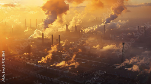 Industrial Factory Emitting Smoke and Pollution at Sunset