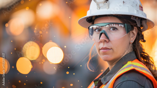 Confident Female Industrial Worker in Hard Hat and Safety Goggles