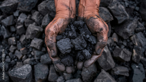 Worker's Hands Holding Coal with Pile of Coal in Background