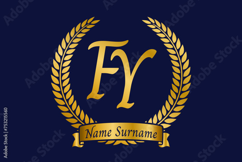 Initial letter F and Y, FY monogram logo design with laurel wreath. Luxury golden calligraphy font.