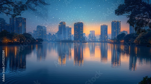City Illuminated by Water at Night © yganko
