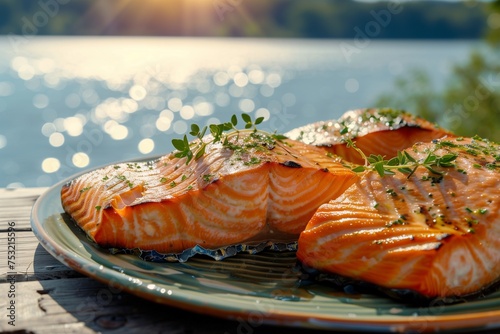 Sustainably caught grilled salmon with organic herb garnish, celebrating Earth Day's focus on environmental responsibility