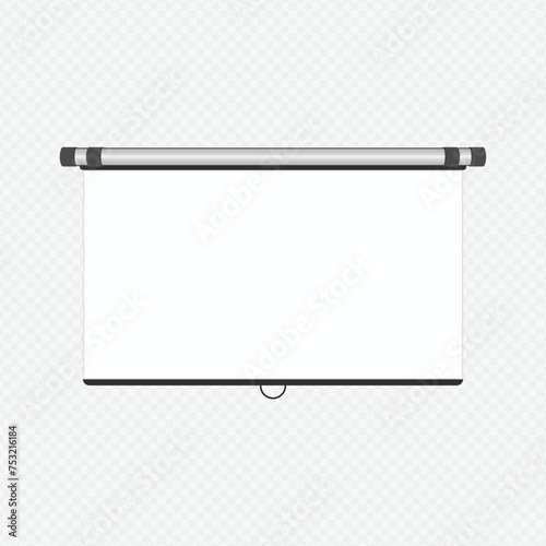 The hanging projection screen isolated on white. Empty presentation board, blank whiteboard for conference.