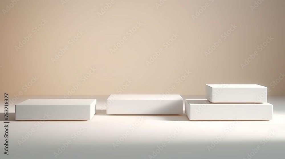 White square podiums bathed in sunlight cast shadows on a white background, creating a trendy fashion showcase ideal for cosmetic products, goods, shoes, bags, and watches. White square podiums bathed in sunlight cast shadows on a white background, creating a trendy fashion showcase ideal for cosmetic products, goods, shoes, bags, and watches.
