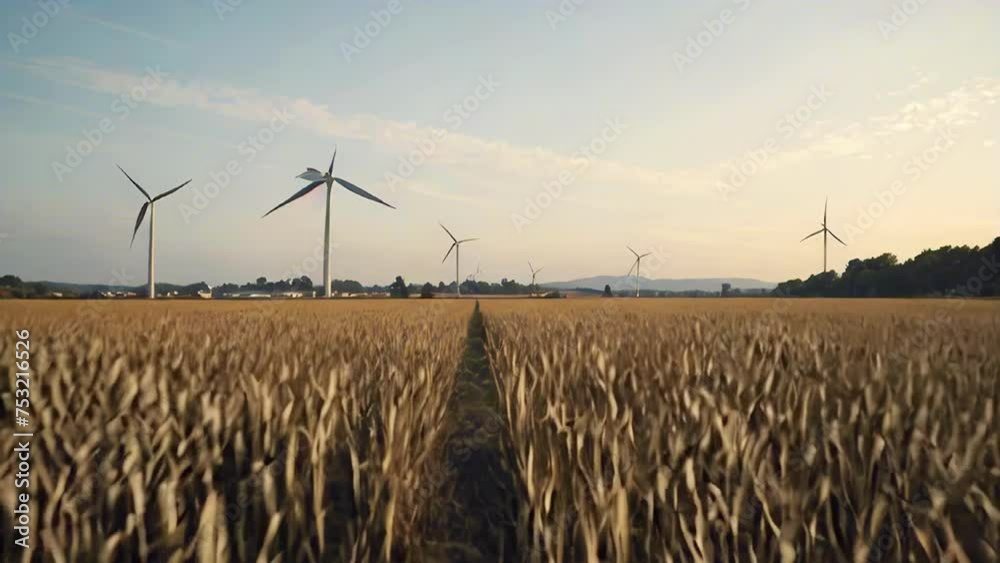 Wind turbines emerge from a golden wheat field at sunset, clean energy ...