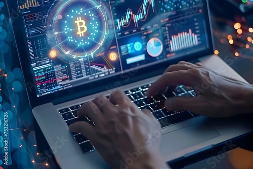 Profit. business people investor using a laptop computer with bitcoin and digital graph chart diagram, , investment, business finance, stock market concept, cryptocurrency exchange concept
