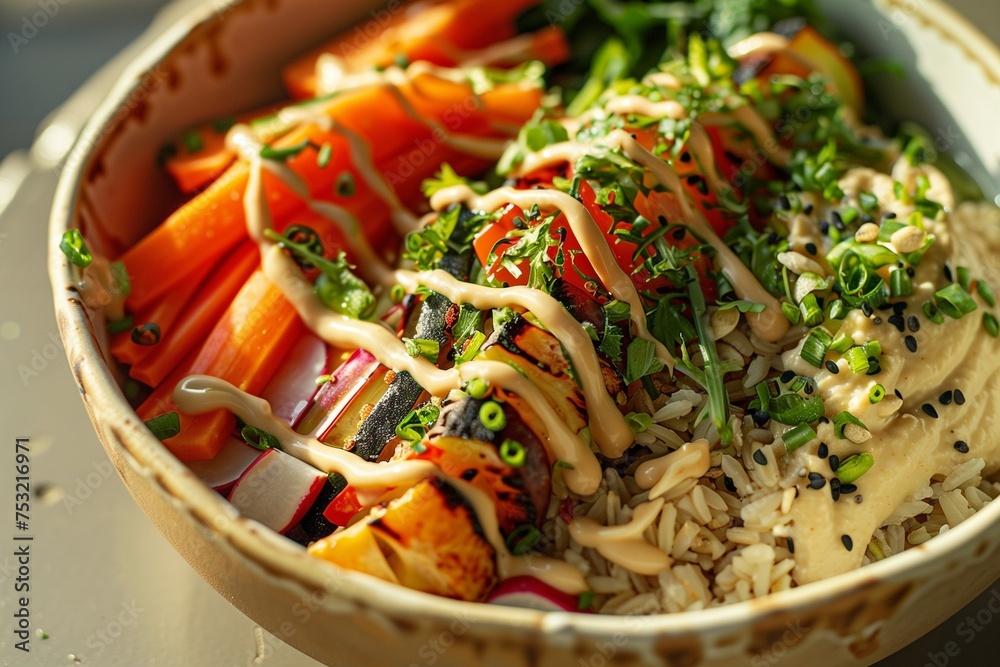 Zero-waste Buddha bowl featuring locally sourced vegetables, organic brown rice, and a homemade hummus drizzle Zero-waste Buddha bowl featuring locally sourced vegetables, organic brown rice, and a homemade hummus drizzle