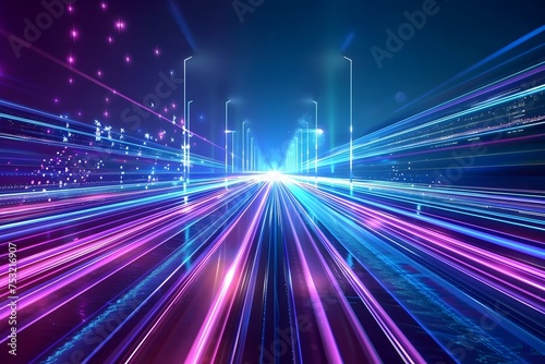 Cyber Security. futuristic highway in city at night with bright blue and purple neon light background, high speed technology line with dynamic light effect, internet network concept