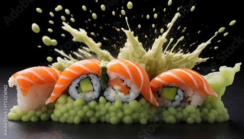 A perfect sushi made out of wasabi and fish explosion, surreal, macro photography.