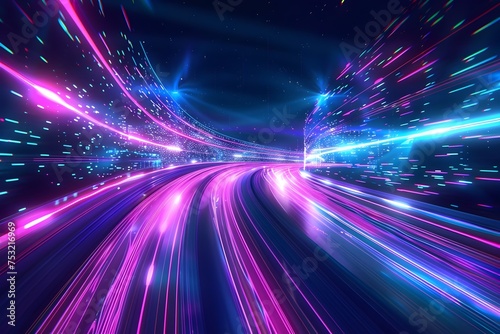 futuristic highway in city at night with bright blue and purple neon light background, high speed technology line with dynamic light effect, internet network concept