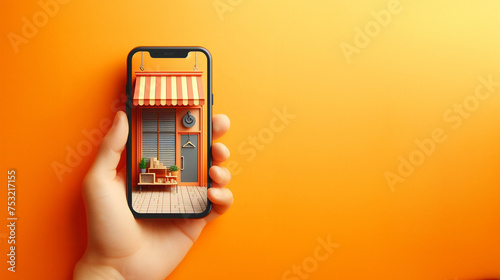 hand held telephone and shop miniature, orange background