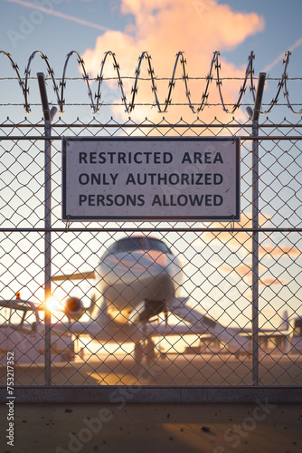 Slika na platnu Sun Setting Behind Restricted Airport Zone with Security Measures