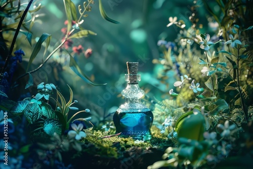 Enchanted forest scene with a mystical blue potion in a crystal vial Surrounded by magical plants and soft Ethereal lighting