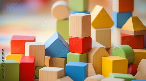 Wooden blocks in different primary shapes and colors are designed for children  offering educational and playful elements for learning and creativity.