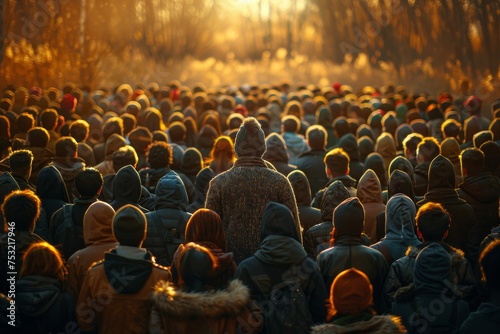 A sea of people gathered, backlit by warm sunset light, creating a sense of community and common purpose