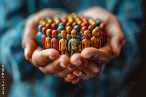 Multicolored wooden figures in hands, representing diversity and unity in human society photo