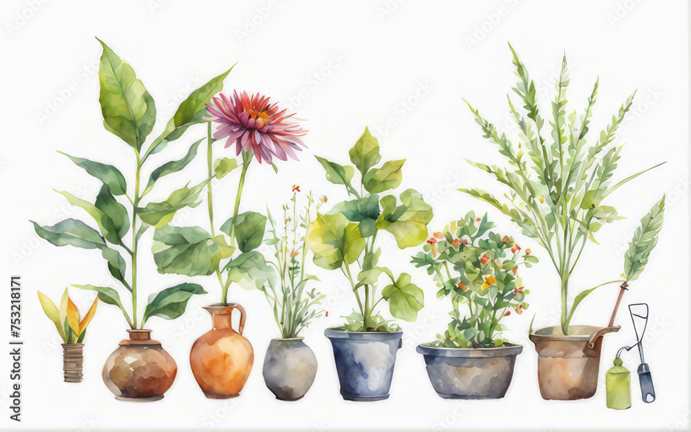 Obraz premium The concept of gardening in watercolor style. Garden supplies.