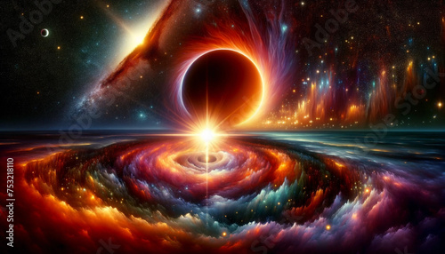A imagem foi criada com a cena abstrata solicitada, apresentando um buraco negro próximo de uma estrela nascendo e um novo planeta, dentro de um contexto cósmico. photo
