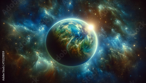 A imagem retrata um planeta similar à Terra em outra galáxia, orbitando um sol luminoso que emana luz suave como a Lua, cercado por estrelas, misturando o familiar com o extraterrestre.