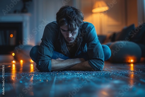 An adult male sitting on the floor in solitude surrounded by scattered blue beads and soft lighting photo