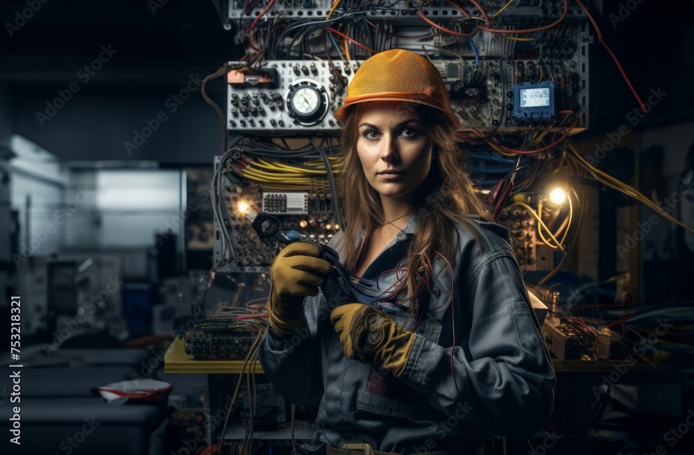 Woman Working in Electronics Service Surrounded by Modern Computers and Cables.Generated image