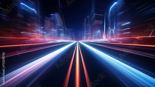 A 3D render presents abstract futuristic neon background with glowing ascending lines, resembling light trails on a road at night. It offers a fantastic wallpaper option.
