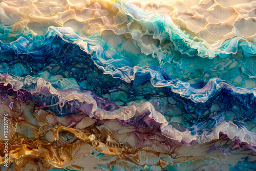 A vibrant ocean of abstract waves  each crest a different hue--turquoise  coral  and indigo.