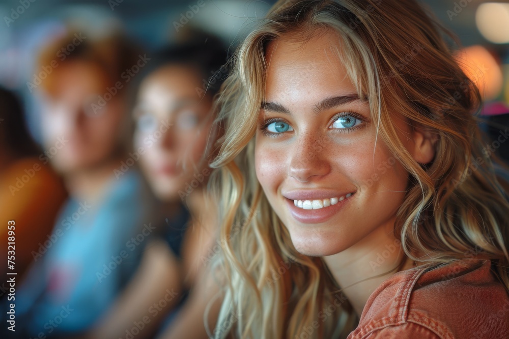 Cheerful female with blonde curly hair and lively blue eyes, amongst friends Cheerful female with blonde curly hair and lively blue eyes, amongst friends