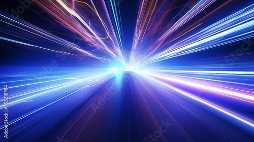 A 3D rendering presents a panoramic view of a futuristic hyperspace speed tunnel, characterized by streaks of light.