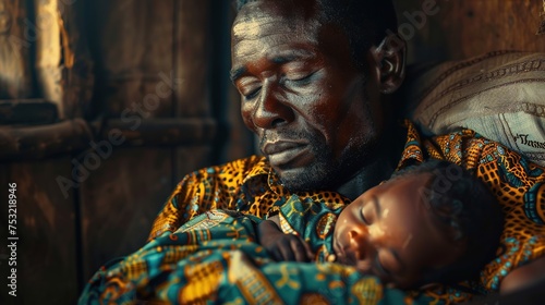 : Heartwarming Bond: African Father with His Newborn Baby in Handcrafted Home Nest © Naseem