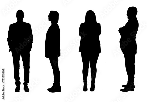 silhouette of a group of standing men and women dressed in a jacket