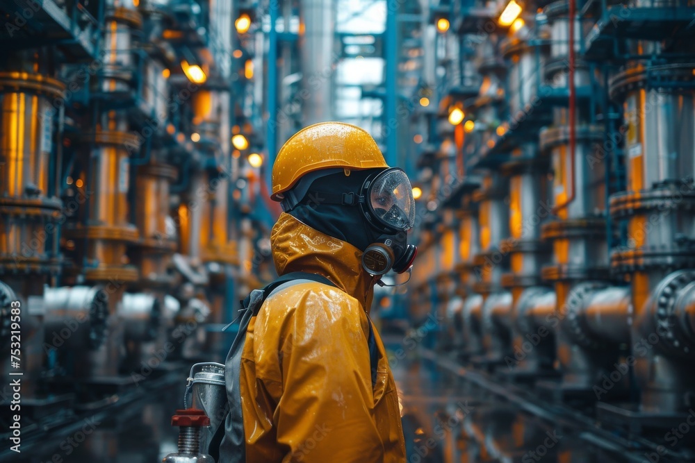 A worker dressed in protective helmet and mask stands amidst an array of pipes and machinery, highlighting safety and technology in industry A worker dressed in protective helmet and mask stands amidst an array of pipes and machinery, highlighting safety and technology in industry