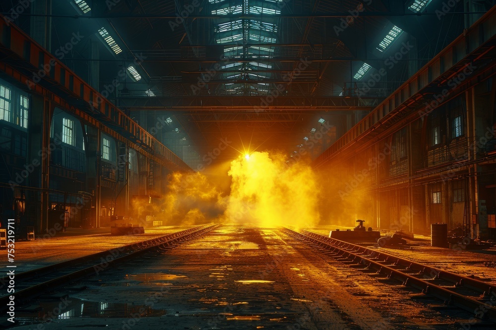 Fototapeta premium Mysterious industrial interior bathed in yellow light with mist adding a sense of depth and eeriness