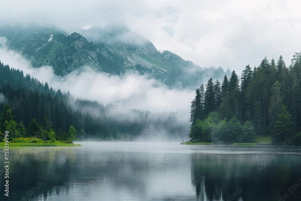 Misty Lake Surrounded by Forest