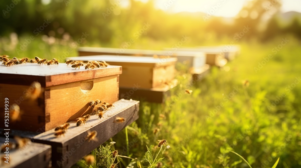 A background featuring hives set against lush green grass, with honey bees returning from their collection expeditions, illustrates the bustling activity of the apiary. A background featuring hives set against lush green grass, with honey bees returning from their collection expeditions, illustrates the bustling activity of the apiary.