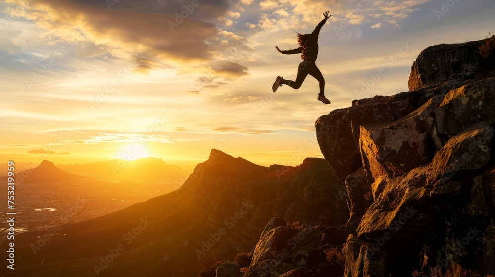 Person Jumping Off Cliff at Sunrise