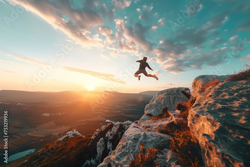 Person Jumping Off Cliff at Sunrise © Ilugram