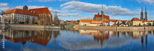 Panoramic view of the Old Town of Wroclaw with St. John Cathedral and Odra River. Wroclaw, Poland