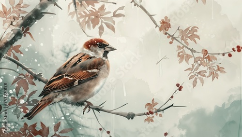 Sparrow on Misty Branch, Autumn Berries