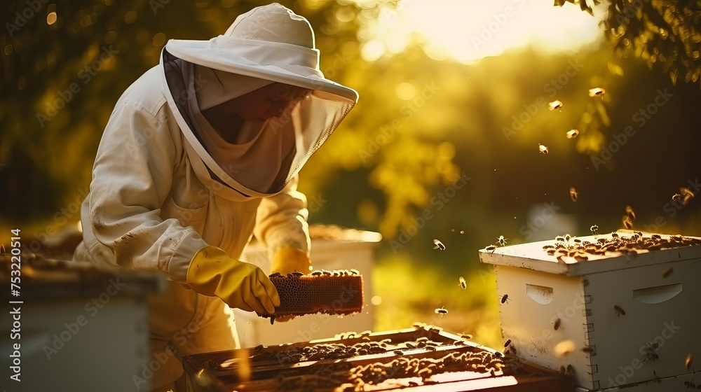 A beekeeper is depicted removing a honeycomb from a beehive, wearing protective gear and working with the hive. This image showcases beekeeping in the countryside as part of organic farming. A beekeeper is depicted removing a honeycomb from a beehive, wearing protective gear and working with the hive. This image showcases beekeeping in the countryside as part of organic farming.