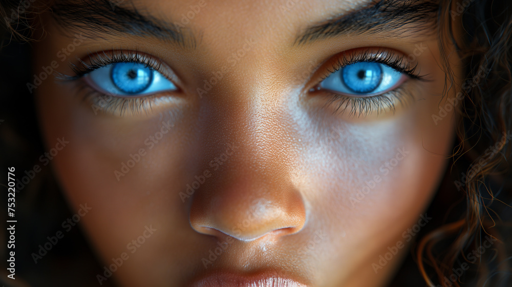 Fototapeta premium Beautiful blue eyes of Latino young girl. Natural woman beauty concept. Selective focus. Copy space 