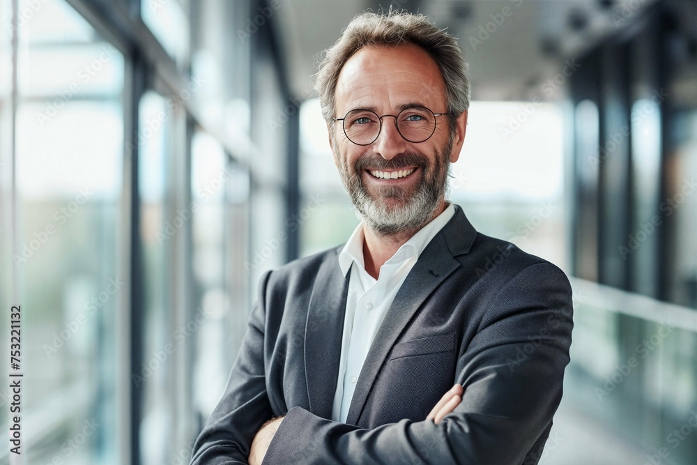 Smiling senior businessman portrait in modern office environment Smiling senior businessman portrait in modern office environment
